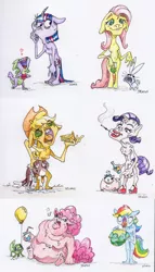 Size: 2225x3901 | Tagged: safe, artist:dilarus, banned from derpibooru, deleted from derpibooru, derpibooru import, angel bunny, applejack, fluttershy, gummy, opalescence, pinkie pie, rainbow dash, rarity, spike, tank, twilight sparkle, winona, alligator, anthro, cat, dog, dragon, rabbit, tortoise, comic:the many faces of twilight sparkle, animal, caricature, cigarette, color, fat, female, hat, heart, mane six, not salmon, obese, simple background, traditional art, wat, white background