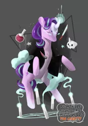 Size: 1024x1464 | Tagged: safe, artist:angstfish, banned from derpibooru, deleted from derpibooru, derpibooru import, starlight glimmer, pony, unicorn, bottle, candle, clothes, colored horn, crystal, curved horn, floating, glowing eyes, glowing horn, gray background, horn, jacket, magic, magic circle, pentagram, potion, simple background, skull, solo, sombra's horn, stars, summoning circle, watermark, witch, witchcraft, zine