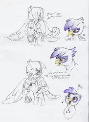 Size: 2215x3047 | Tagged: safe, artist:dilarus, banned from derpibooru, deleted from derpibooru, derpibooru import, gilda, rainbow dash, gryphon, pegasus, pony, color, cute, dialogue, female, gildadorable, mare, onomatopoeia, simple background, smoldash, traditional art, white background