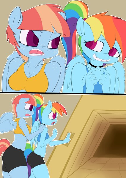 Size: 2893x4092 | Tagged: safe, artist:saurian, banned from derpibooru, deleted from derpibooru, derpibooru import, rainbow dash, windy whistles, anthro, pegasus, angry, clothes, comic, duo, duo female, female, mother and child, mother and daughter, ponytail, shorts