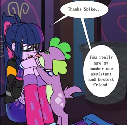 Size: 1576x1553 | Tagged: safe, artist:verumteednp, banned from derpibooru, deleted from derpibooru, derpibooru import, sci-twi, spike, spike the regular dog, twilight sparkle, dog, comic:sparkling shimmer, equestria girls, bedroom, clothes, cropped, crying, dialogue, glasses, speech bubble, tears of joy, tongue out