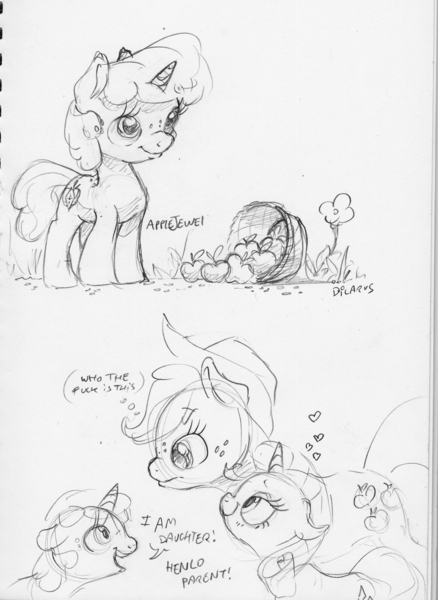 Size: 2265x3105 | Tagged: safe, artist:dilarus, banned from derpibooru, deleted from derpibooru, derpibooru import, applejack, rarity, oc, oc:apple jewel, earth pony, pony, unicorn, apple, cute, dialogue, female, filly, food, hat, heart, henlo, jackabetes, lesbian, lineart, magical lesbian spawn, mare, monochrome, ocbetes, offspring, parent:applejack, parent:rarity, parents:rarijack, raribetes, rarijack, shipping, simple background, size difference, skeptical, smol, thought bubble, traditional art, vulgar, wat, white background