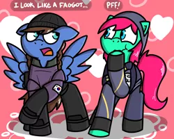 Size: 1000x800 | Tagged: safe, artist:pokefound, banned from derpibooru, deleted from derpibooru, derpibooru import, oc, oc:bizarre song, pony, clothes, cosplay, costume, female, mare, slur, vulgar