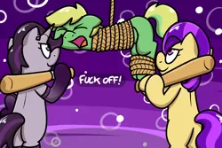 Size: 1200x800 | Tagged: semi-grimdark, artist:pokefound, banned from derpibooru, deleted from derpibooru, derpibooru import, oc, oc:lemming, earth pony, pony, unicorn, abstract background, abuse, baseball bat, piñata, rope, this will end in pain and/or tears and/or death, vulgar