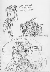 Size: 1633x2344 | Tagged: safe, artist:dilarus, banned from derpibooru, deleted from derpibooru, derpibooru import, apple bloom, scootaloo, sweetie belle, twilight sparkle, anthro, earth pony, pegasus, pony, unicorn, comic:the many faces of twilight sparkle, anthro with ponies, cutie mark crusaders, dialogue, female, filly, imminent death, impending doom, implied cookies, monochrome, not salmon, onomatopoeia, simple background, this will end in death, this will end in tears, this will end in tears and/or death, traditional art, vulgar, wat, white background