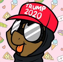 Size: 492x485 | Tagged: safe, artist:pokefound, banned from derpibooru, deleted from derpibooru, derpibooru import, oc, oc:ponyfound, earth pony, pony, :p, abstract background, cap, clothes, donald trump, food, funny, goggles, hat, hijab, male, meme, pizza, politics, shitposting, silly, solo, tongue out