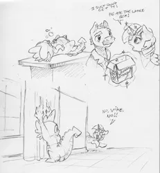 Size: 2394x2588 | Tagged: safe, artist:dilarus, banned from derpibooru, deleted from derpibooru, derpibooru import, spike, twilight sparkle, twilight sparkle (alicorn), alicorn, dragon, earth pony, pony, behaving like a cat, comic, dialogue, doctor, female, male, mare, monochrome, simple background, stallion, traditional art, white background