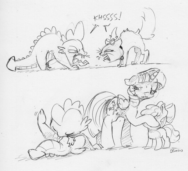 Size: 2226x2029 | Tagged: safe, artist:dilarus, banned from derpibooru, deleted from derpibooru, derpibooru import, apple bloom, opalescence, spike, twilight sparkle, twilight sparkle (alicorn), alicorn, cat, dragon, earth pony, pony, behaving like a cat, female, filly, male, mare, monochrome, onomatopoeia, simple background, traditional art, white background