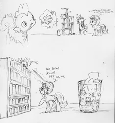 Size: 2410x2563 | Tagged: safe, artist:dilarus, banned from derpibooru, deleted from derpibooru, derpibooru import, spike, starlight glimmer, twilight sparkle, twilight sparkle (alicorn), alicorn, dragon, pony, unicorn, behaving like a cat, bookshelf, broom, cat tower, dialogue, female, magic, male, mare, monochrome, onomatopoeia, simple background, telekinesis, traditional art, trash can, white background
