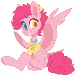 Size: 3000x3032 | Tagged: safe, artist:hiccupsdoesart, banned from derpibooru, deleted from derpibooru, derpibooru import, pinkie pie, pegasus, pony, leak, spoiler:g5, alternate design, bird tail, cap, clothes, g5, hat, heterochromia, pinkie pie (g5), shirt, simple background, tail feathers, white background, wings