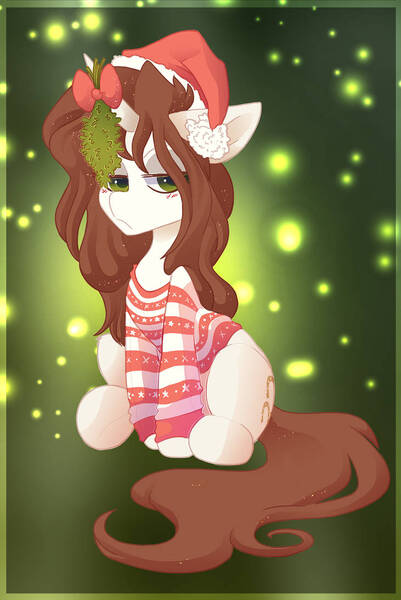 Size: 731x1093 | Tagged: safe, artist:hiccupsdoesart, banned from derpibooru, deleted from derpibooru, derpibooru import, oc, oc:dust trail, christmas, christmas jumper, female, grumpy, holiday, mare, mistletoe, solo