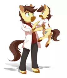 Size: 1168x1361 | Tagged: safe, artist:dvixie, banned from derpibooru, deleted from derpibooru, derpibooru import, oc, oc:calpain, unofficial characters only, anthro, earth pony, pony, anthro ponidox, anthro with ponies, clothes, confused, excited, happy, holding a pony, lab coat, pants, simple background, sweater, unshorn fetlocks, white background