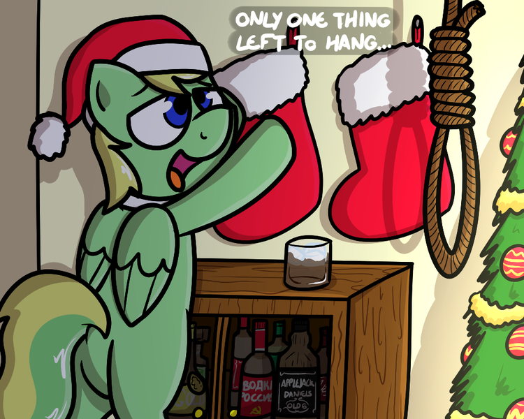 Size: 1000x800 | Tagged: semi-grimdark, artist:pokefound, banned from derpibooru, deleted from derpibooru, derpibooru import, oc, oc:lemming, unofficial characters only, pegasus, pony, alcohol, beverage, christmas, christmas stocking, christmas tree, cyrillic, dark comedy, gallows humor, holiday, image, imminent suicide, implied hanging, implied suicide, jack daniels, noose, png, russian, solo, suicide joke, tree