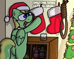 Size: 1000x800 | Tagged: semi-grimdark, artist:pokefound, derpibooru import, oc, oc:lemming, unofficial characters only, pegasus, pony, alcohol, beverage, christmas, christmas stocking, christmas tree, cyrillic, dark comedy, gallows humor, holiday, image, imminent suicide, implied hanging, implied suicide, jack daniels, noose, png, russian, solo, suicide joke, tree