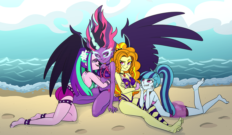 Size: 3084x1804 | Tagged: suggestive, artist:verumteednp, banned from derpibooru, deleted from derpibooru, derpibooru import, adagio dazzle, aria blaze, sci-twi, sonata dusk, twilight sparkle, equestria girls, rainbow rocks, adagilight, barefoot, beach, bikini, breasts, clothes, feet, female, lesbian, midnight sparkle, ocean, sand, shipping, smiling, sparkleblaze, swimsuit, the dazzlings, twinata, water