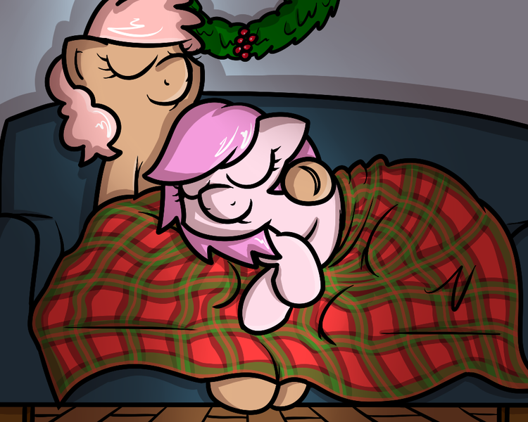 Size: 1000x800 | Tagged: safe, artist:pokefound, banned from derpibooru, deleted from derpibooru, derpibooru import, oc, oc:kayla, oc:mary jane, unofficial characters only, earth pony, pegasus, blanket, christmas, christmas wreath, couch, cuddling, cute, eyes closed, female, holiday, kayry, lesbian, mare, oc x oc, shipping, snuggling, wreath