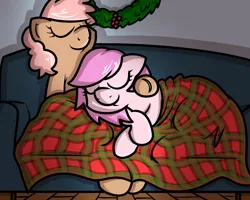 Size: 1000x800 | Tagged: safe, artist:pokefound, banned from derpibooru, deleted from derpibooru, derpibooru import, oc, oc:kayla, oc:mary jane, unofficial characters only, earth pony, pegasus, blanket, christmas, christmas wreath, couch, cuddling, cute, eyes closed, female, holiday, kayry, lesbian, mare, oc x oc, shipping, snuggling, wreath