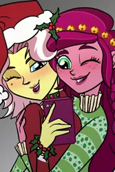 Size: 682x1024 | Tagged: safe, artist:verumteednp, banned from derpibooru, deleted from derpibooru, derpibooru import, gloriosa daisy, vignette valencia, equestria girls, equestria girls series, legend of everfree, rollercoaster of friendship, christmas, clothes, female, freckles, gloriette, gray background, hat, holiday, holly, hug, lesbian, mobile phone, one eye closed, phone, santa hat, selfie, shipping, simple background, smartphone, wink