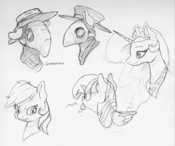 Size: 2369x1967 | Tagged: safe, artist:dilarus, banned from derpibooru, deleted from derpibooru, derpibooru import, princess celestia, rainbow dash, twilight sparkle, twilight sparkle (alicorn), alicorn, pegasus, pony, female, hat, mare, mask, monochrome, onomatopoeia, plague doctor, plague doctor mask, raspberry, raspberry noise, scarecrow, simple background, tongue out, traditional art, white background