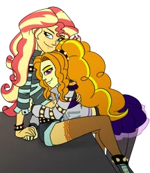 Size: 1767x2048 | Tagged: safe, artist:verumteednp, banned from derpibooru, deleted from derpibooru, derpibooru import, adagio dazzle, sunset shimmer, equestria girls, rainbow rocks, clothes, female, hug, lesbian, shipping, simple background, smiling, sunsagio, transparent background