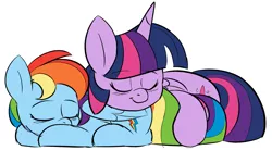 Size: 2165x1197 | Tagged: safe, alternate version, artist:taaffeiite, banned from derpibooru, color edit, deleted from derpibooru, derpibooru import, edit, rainbow dash, twilight sparkle, twilight sparkle (alicorn), alicorn, pegasus, pony, blushing, butt pillow, colored, colored sketch, couple, cuddling, cute, cutie mark, daaaaaaaaaaaw, dashabetes, female, lesbian, shipping, simple background, sketch, sleeping, smiling, twiabetes, twidash, white background