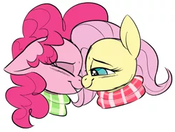 Size: 1869x1413 | Tagged: safe, artist:taaffeiite, banned from derpibooru, deleted from derpibooru, derpibooru import, fluttershy, pinkie pie, earth pony, pegasus, pony, blushing, bust, clothes, colored sketch, couple, cute, female, floppy ears, flutterpie, lesbian, nuzzling, profile, scarf, shipping, simple background, sketch, smiling, white background