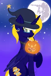 Size: 731x1094 | Tagged: safe, artist:northerndawnart, banned from derpibooru, deleted from derpibooru, derpibooru import, oc, oc:time vortex (th3bluerose), alicorn, android, robot, base used, candy, cyberlife, food, halloween, hat, holiday, jack-o-lantern, pumpkin, witch hat