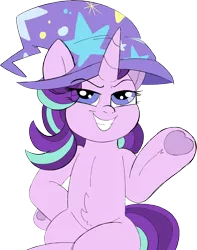 Size: 2572x3270 | Tagged: safe, artist:taaffeiite, banned from derpibooru, deleted from derpibooru, derpibooru import, starlight glimmer, pony, unicorn, accessory swap, clothes, crossed legs, fluffy, hat, hoof on hip, simple background, smiling, smug, smuglight glimmer, solo, transparent background, trixie's hat, underhoof