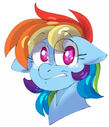 Size: 1869x2187 | Tagged: safe, artist:taaffeiite, banned from derpibooru, deleted from derpibooru, derpibooru import, rainbow dash, pegasus, pony, anxiety, bust, crying, female, floppy ears, frown, gritted teeth, looking at you, mare, nervous, scared, shading practice, shrunken pupils, simple background, solo, sweat, tears of fear, teary eyes, white background, wide eyes, worried