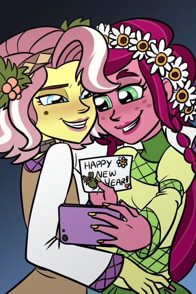 Size: 682x1024 | Tagged: safe, artist:verumteednp, banned from derpibooru, deleted from derpibooru, derpibooru import, gloriosa daisy, vignette valencia, equestria girls, equestria girls series, 2019, blushing, clothes, female, flower, flower in hair, freckles, gloriette, happy new year, holiday, lesbian, mobile phone, phone, shipping, smiling