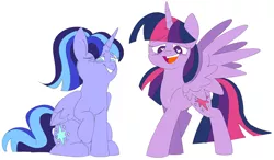 Size: 5404x3151 | Tagged: safe, artist:taaffeiite, banned from derpibooru, deleted from derpibooru, derpibooru import, twilight sparkle, twilight sparkle (alicorn), alicorn, pony, alternate hairstyle, bedroom eyes, blushing, clone, colored sketch, cutie mark, female, heart eyes, looking, looking at you, looking down, mare, open mouth, raised hoof, self ponidox, simple background, sketch, smiling, spread wings, white background, wingboner, wingding eyes, wings