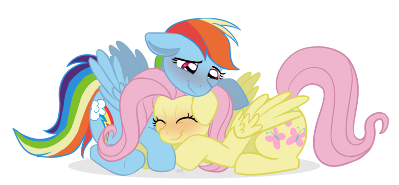 Size: 2154x1000 | Tagged: safe, artist:verumteednp, banned from derpibooru, deleted from derpibooru, derpibooru import, fluttershy, rainbow dash, pegasus, pony, blushing, cuddling, female, floppy ears, flutterdash, lesbian, mare, shipping, simple background, smiling, transparent background, wings