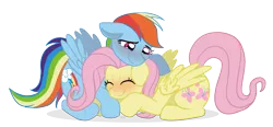 Size: 2154x1000 | Tagged: safe, artist:verumteednp, banned from derpibooru, deleted from derpibooru, derpibooru import, fluttershy, rainbow dash, pegasus, pony, blushing, cuddling, female, floppy ears, flutterdash, lesbian, mare, shipping, simple background, smiling, transparent background, wings