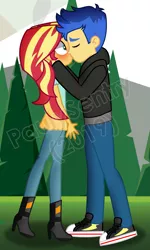 Size: 1463x2442 | Tagged: safe, artist:paulysentry, banned from derpibooru, deleted from derpibooru, derpibooru import, flash sentry, sunset shimmer, equestria girls, equestria girls series, clothes, converse, eyes closed, female, flashimmer, kissing, male, obtrusive watermark, shipping, shoes, straight, watermark