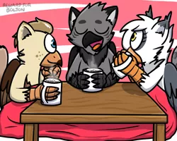 Size: 1000x800 | Tagged: safe, artist:pokefound, banned from derpibooru, deleted from derpibooru, derpibooru import, oc, oc:aether, oc:bolton, oc:pixi, gryphon, chocolate, food, hot chocolate, table