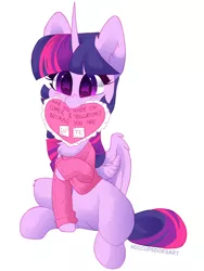 Size: 3000x4000 | Tagged: safe, artist:hiccupsdoesart, banned from derpibooru, deleted from derpibooru, derpibooru import, twilight sparkle, twilight sparkle (alicorn), alicorn, pony, adorkable, blushing, chemistry joke, chest fluff, clothes, colored pupils, copper and tellurium, cute, daaaaaaaaaaaw, dork, ear fluff, female, heart, holiday, leg fluff, looking at you, mare, mouth hold, nom, purple smart, raised hoof, shirt, simple background, sitting, smiling, solo, starry eyes, sweater, twiabetes, valentine's day, white background, wing fluff, wingding eyes