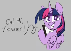 Size: 2016x1444 | Tagged: safe, artist:taaffeiite, banned from derpibooru, deleted from derpibooru, derpibooru import, twilight sparkle, twilight sparkle (alicorn), alicorn, pony, book, dialogue, female, fourth wall, fourth wall break, gray background, looking, looking at you, mare, simple background, smiling, speech bubble, talking to viewer