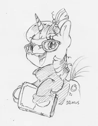 Size: 1306x1671 | Tagged: safe, artist:dilarus, banned from derpibooru, deleted from derpibooru, derpibooru import, moondancer, pony, unicorn, adorkable, book, cute, dancerbetes, dork, female, glasses, happy, mare, monochrome, simple background, smeel, traditional art, white background