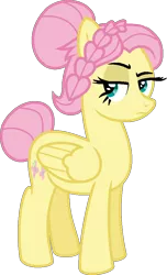 Size: 578x953 | Tagged: safe, artist:amrasfelagund, banned from derpibooru, deleted from derpibooru, derpibooru import, fluttershy, pony, alternate hairstyle, friendship is magic: the next generation, hair bun, headcanon in the description, missing accessory, severeshy, simple background, solo, tail bun, transparent background