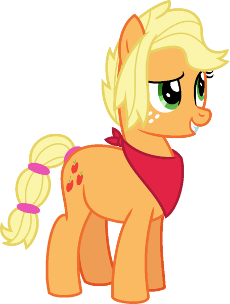 Size: 784x1034 | Tagged: safe, artist:amrasfelagund, banned from derpibooru, deleted from derpibooru, derpibooru import, applejack, earth pony, pony, alternate hairstyle, backstory in description, description is relevant, freckles, friendship is magic: the next generation, headcanon in the description, neckerchief, raised eyebrow, shipping in the description, short hair, simple background, solo, transparent background