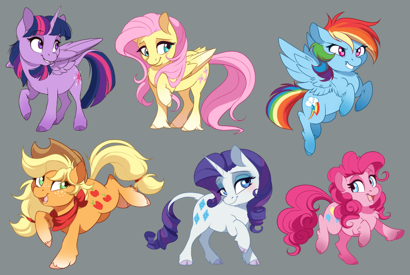 Size: 1343x901 | Tagged: safe, artist:dvixie, banned from derpibooru, deleted from derpibooru, derpibooru import, applejack, fluttershy, pinkie pie, rainbow dash, rarity, twilight sparkle, twilight sparkle (alicorn), alicorn, classical unicorn, earth pony, pegasus, pony, unicorn, belly fluff, blushing, bucking, chest fluff, chibi, cloven hooves, cute, dashabetes, diapinkes, ear fluff, eyeshadow, female, floppy ears, fluffy, freckles, glare, gray background, grin, happy, hoof fluff, jackabetes, leg fluff, leonine tail, lidded eyes, looking away, looking back, makeup, mane six, mare, open mouth, raised hoof, raised leg, raribetes, rearing, shoulder fluff, shy, shyabetes, simple background, smiling, smirk, spread wings, twiabetes, unshorn fetlocks, wing fluff, wings