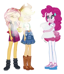 Size: 1240x1447 | Tagged: safe, artist:paulysentry, banned from derpibooru, deleted from derpibooru, derpibooru import, applejack, pinkie pie, sunset shimmer, equestria girls, equestria girls series, clothes, eyes closed, female, flour, simple background, smiling, sweat, sweatdrop, transparent background