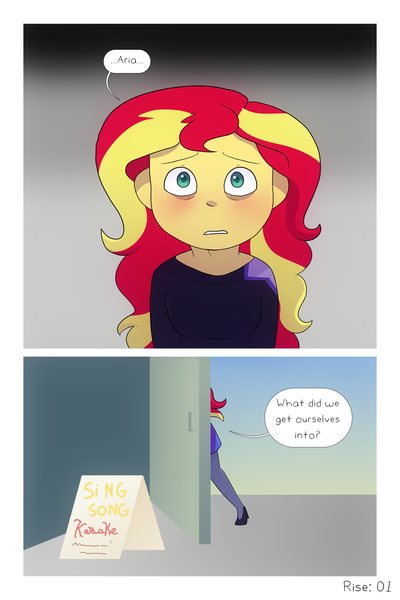 Size: 1280x1920 | Tagged: safe, artist:little-tweenframes, banned from derpibooru, deleted from derpibooru, derpibooru import, sunset shimmer, comic:aria's archives, comic:rise, series:sciset diary, equestria girls, clothes, comic, karaoke