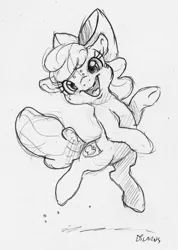 Size: 1033x1447 | Tagged: safe, artist:dilarus, banned from derpibooru, deleted from derpibooru, derpibooru import, apple bloom, earth pony, pony, adorabloom, bow, cute, female, filly, monochrome, simple background, sketch, smiling, solo, traditional art, white background