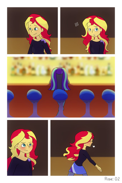 Size: 1280x1920 | Tagged: safe, artist:little-tweenframes, banned from derpibooru, deleted from derpibooru, derpibooru import, aria blaze, sunset shimmer, comic:aria's archives, comic:rise, series:sciset diary, equestria girls, bar, clothes, comic, hoodie