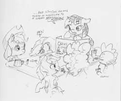 Size: 2403x1993 | Tagged: safe, artist:dilarus, banned from derpibooru, deleted from derpibooru, derpibooru import, applejack, fluttershy, pinkie pie, rainbow dash, spike, twilight sparkle, twilight sparkle (alicorn), alicorn, dragon, earth pony, pegasus, pony, cider, dialogue, dice, dungeons and dragons, female, hat, male, mare, monochrome, ogres and oubliettes, pen and paper rpg, rpg, simple background, smoldash, spike is not amused, tallershy, tankard, traditional art, unamused, white background