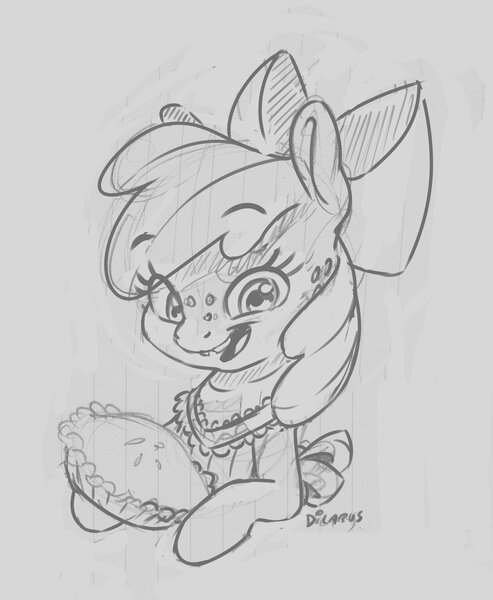 Size: 2406x2928 | Tagged: safe, artist:dilarus, banned from derpibooru, deleted from derpibooru, derpibooru import, apple bloom, earth pony, pony, apple, apple pie, bandana, bow, cute, female, filly, food, freckles, hair bow, monochrome, pie, simple background, smiling, traditional art, white background