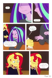 Size: 1280x1920 | Tagged: safe, artist:little-tweenframes, banned from derpibooru, deleted from derpibooru, derpibooru import, aria blaze, sunset shimmer, comic:aria's archives, comic:rise, series:sciset diary, equestria girls, bar, clothes, comic, hoodie, vulgar