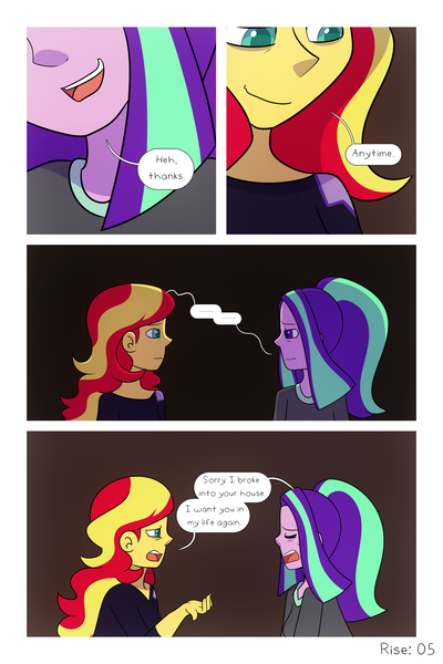 Size: 1280x1920 | Tagged: safe, artist:jake heritagu, artist:little-tweenframes, banned from derpibooru, deleted from derpibooru, derpibooru import, aria blaze, sunset shimmer, comic:aria's archives, comic:rise, series:sciset diary, equestria girls, bar, clothes, comic, hoodie