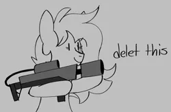 Size: 2294x1494 | Tagged: safe, artist:taaffeiite, banned from derpibooru, deleted from derpibooru, derpibooru import, oc, oc:cyberia starlight, unofficial characters only, earth pony, pony, delet this, dialogue, female, flamethrower, gray background, mare, meme, monochrome, not a flamethrower, simple background, smiling, solo, weapon